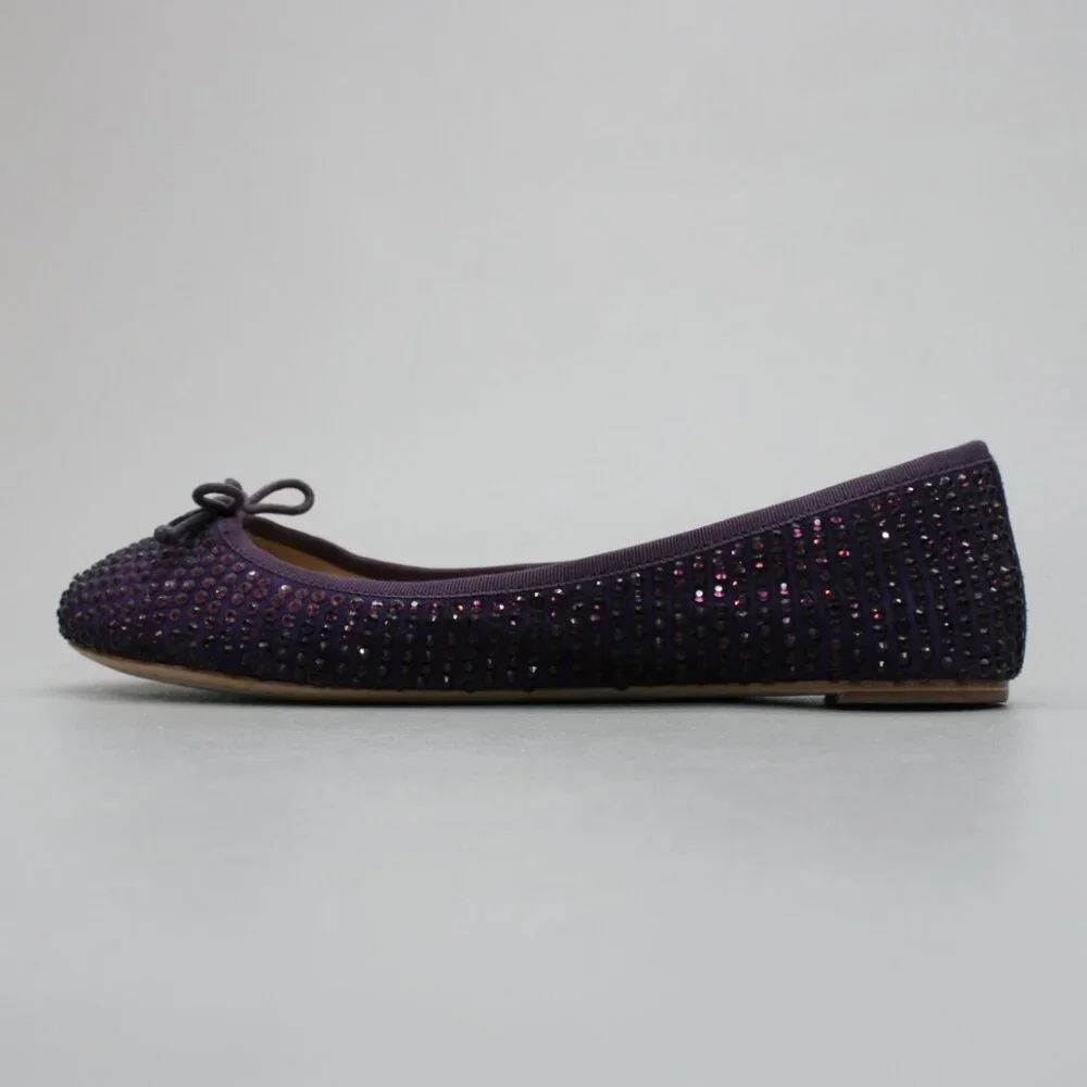 Tory Burch Ladies 10 Purple Suede Leather Crystals Strass Bow Ballet Shoes Flats - Picture 2 of 12